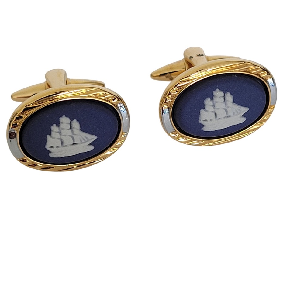 Wedgwood Blue Jasperware Ship Cufflinks Gold Tone Oval Made in England Vintage
